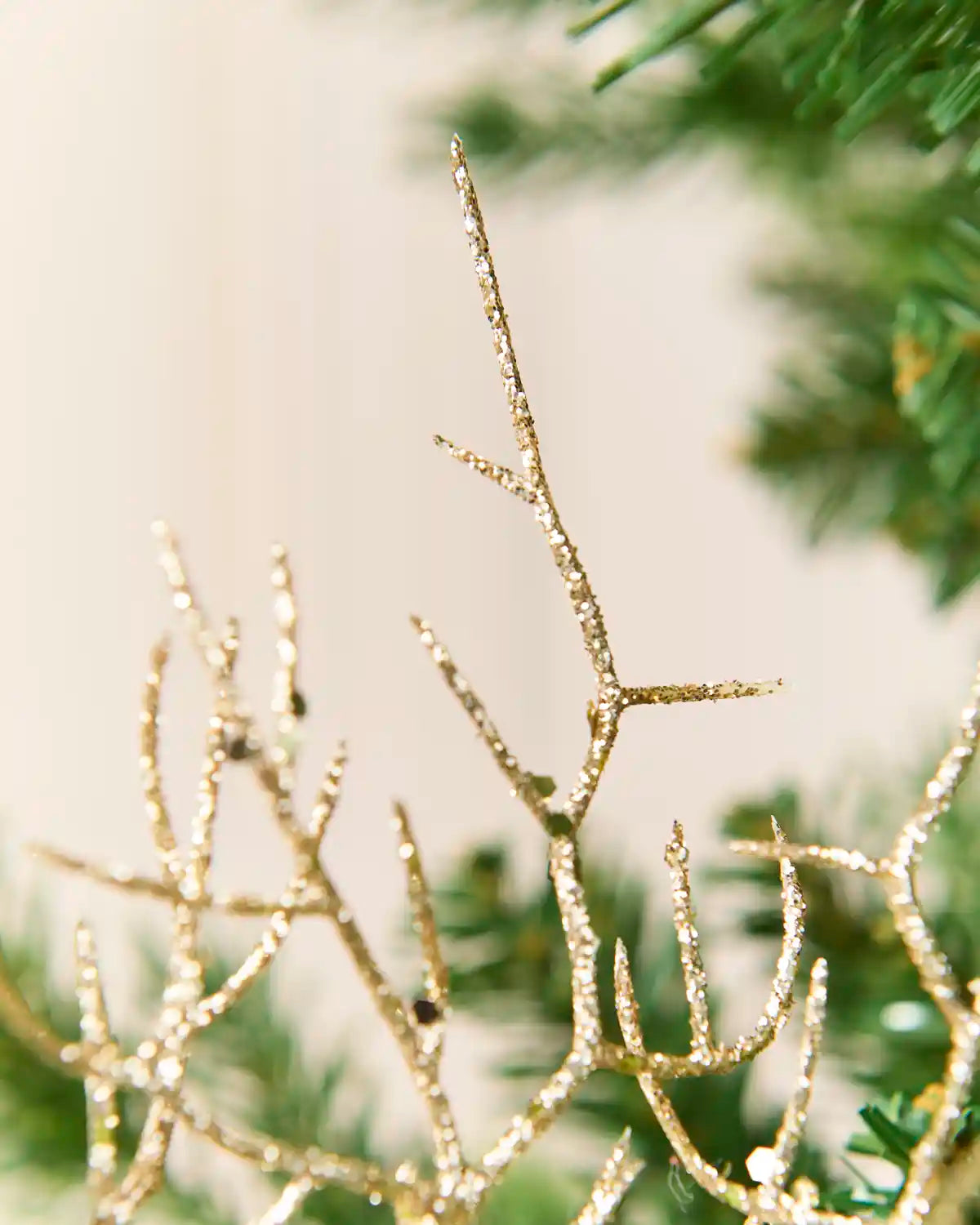 Latte coloured glitter decorative coral themed Christmas tree spray on a Christmas tree, with green pine needles and a soft beige background.