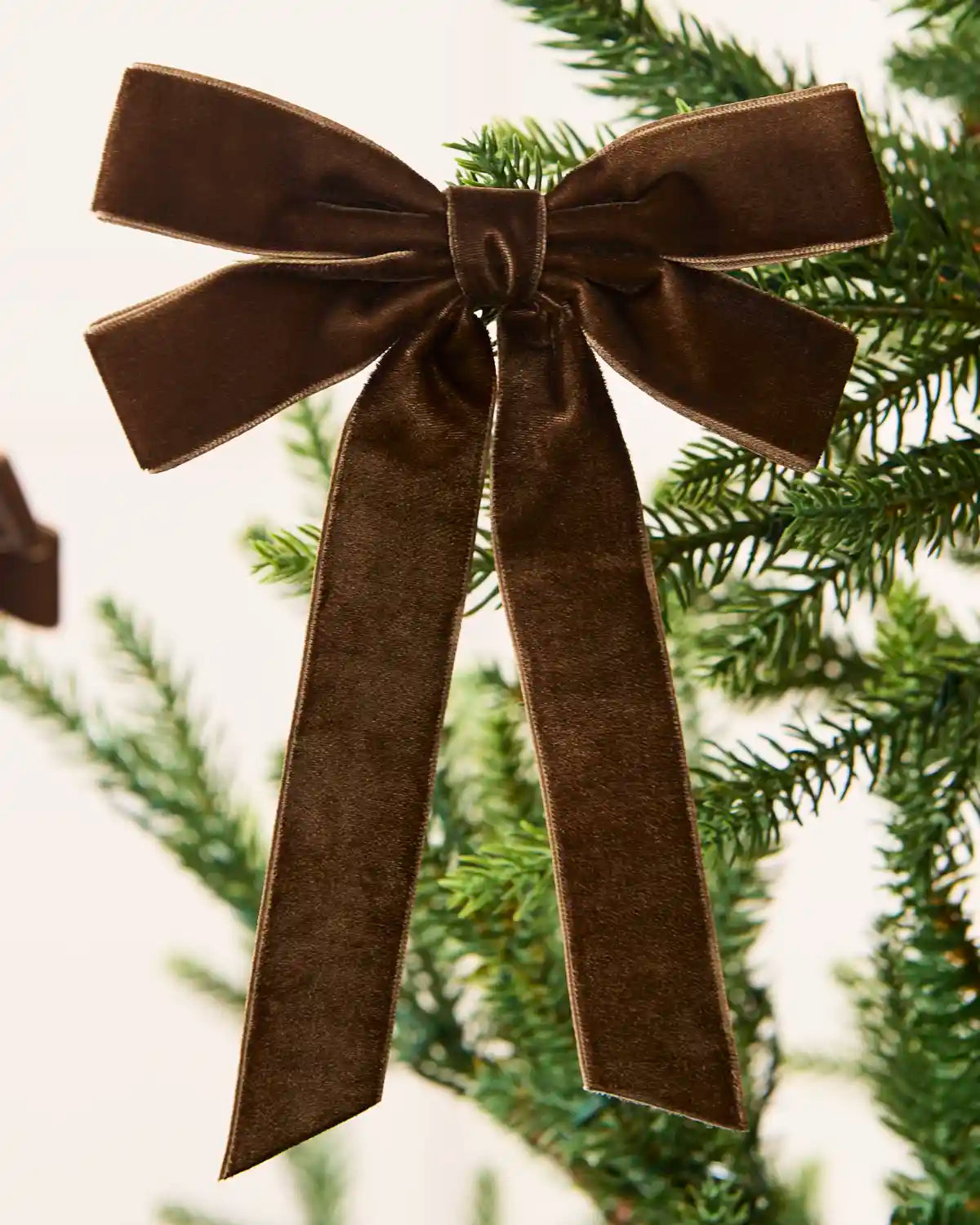 Mocha velvet Double Bow placed on a Christmas tree branch tip with a blurry cream background