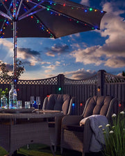 Multi coloured fairy lights wrapped around an umbrella post in a garden with a cloudy blue sky