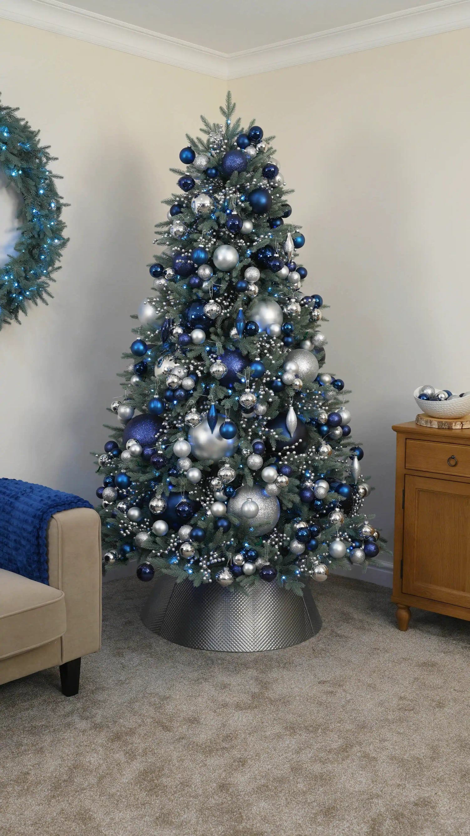 Finish the Branches with Navy and Silver Glass Baubles