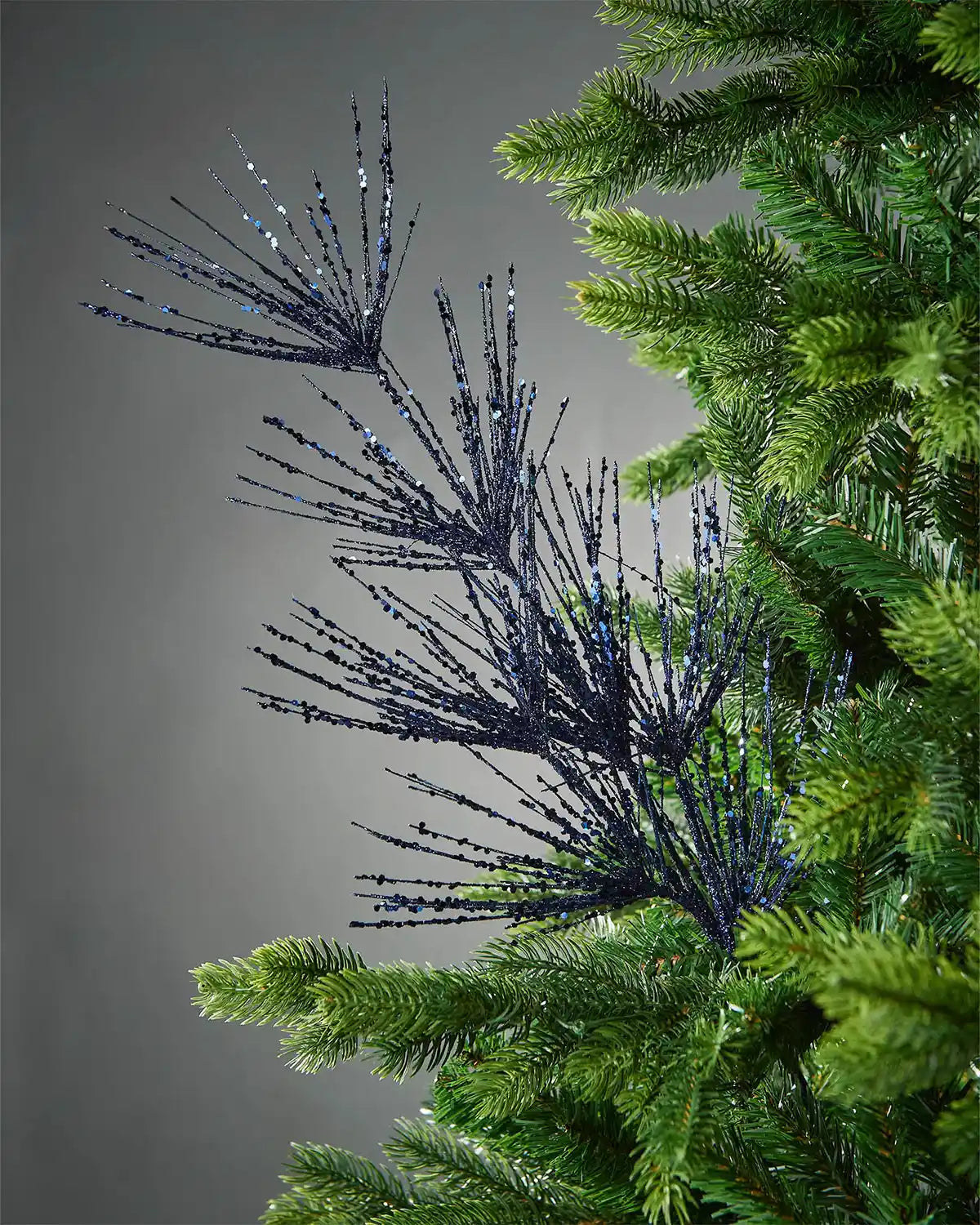 Navy blue glitter firework spray in tree in front of grey background