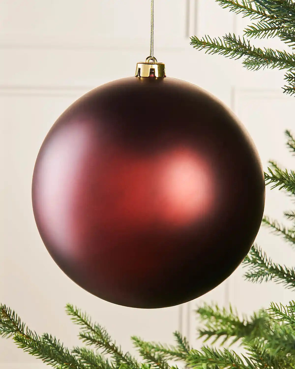 Oversized burgundy matt bauble on a Christmas tree branch