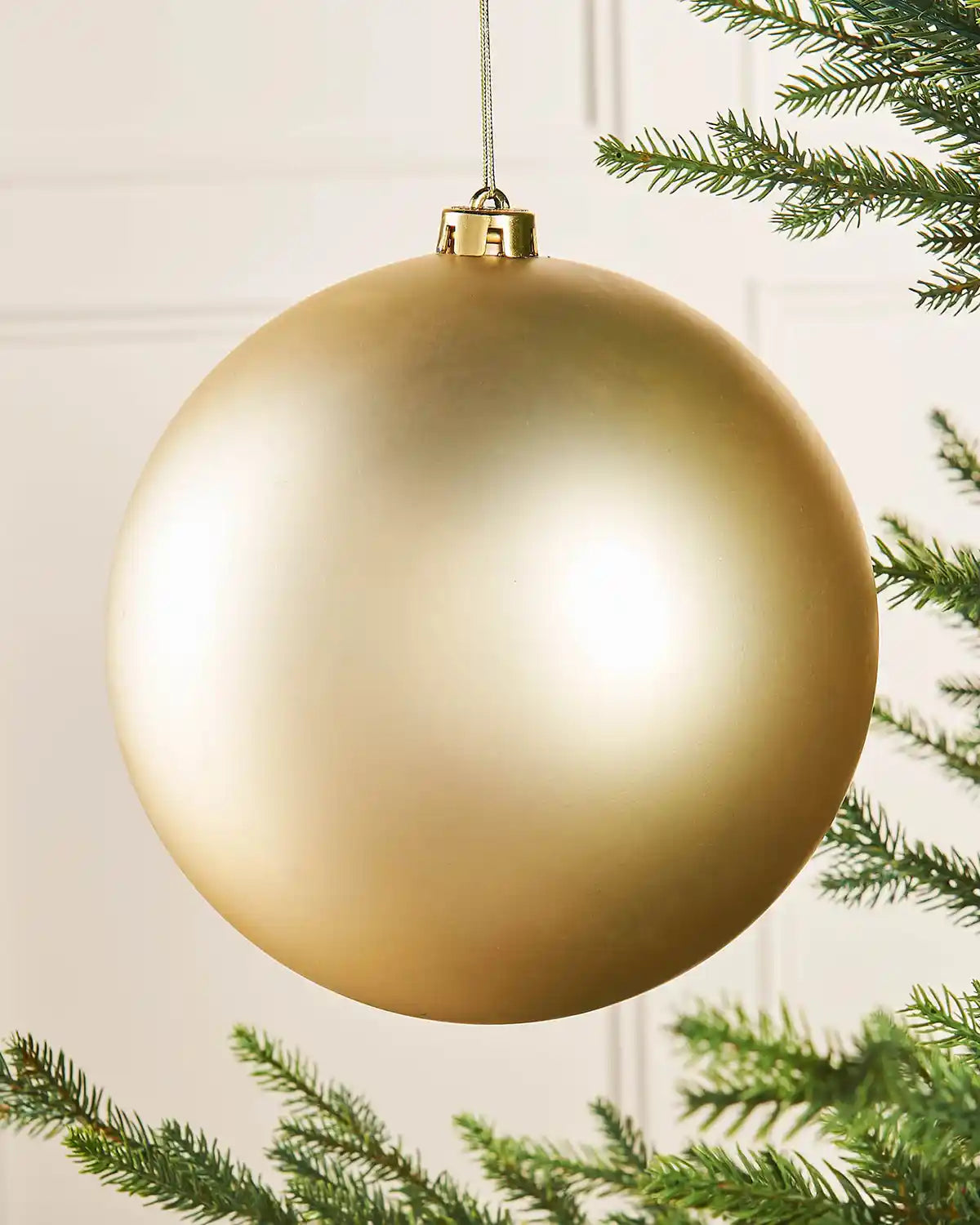 Oversized gold matt bauble on a Christmas tree branch