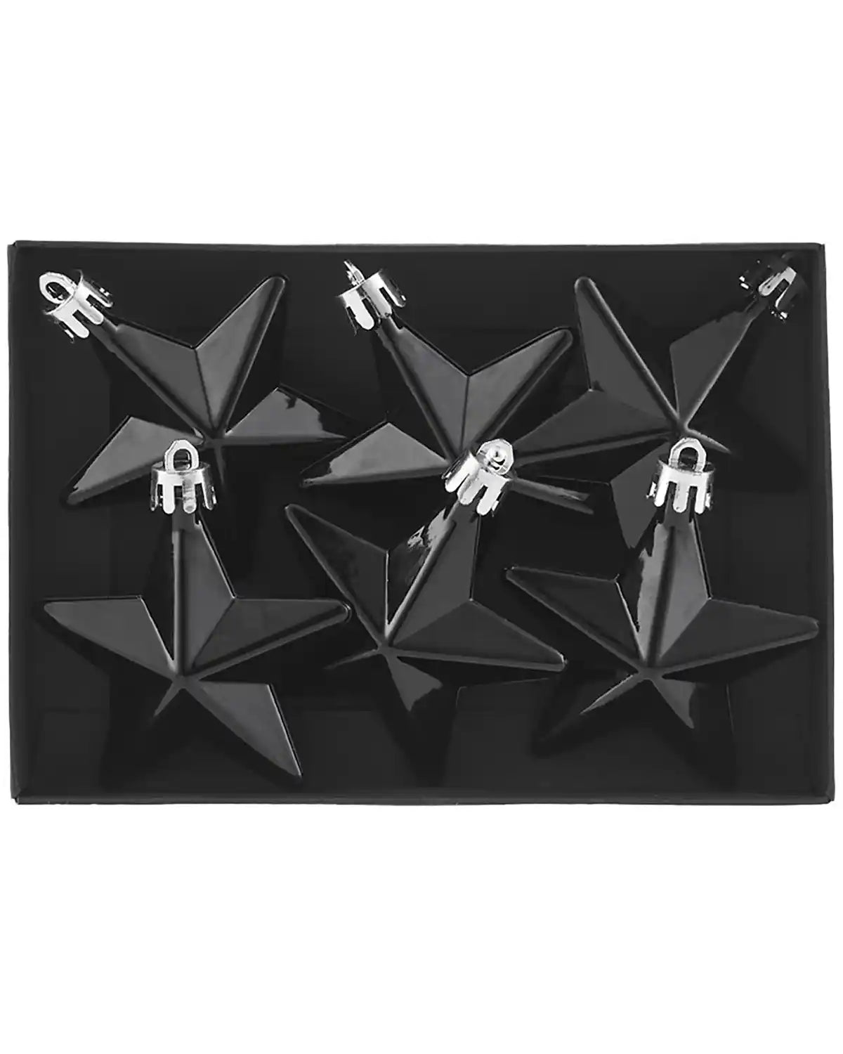 Pack of 6 Black gloss star baubles in a black fabric box on a white background