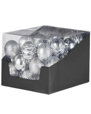 Pack of Silver glitter, matt, gloss and textured Christmas baubles on a white background 