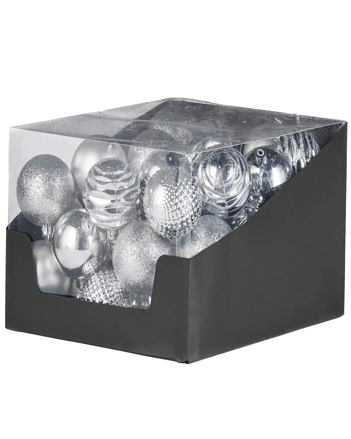 Pack of Silver glitter, matt, gloss and textured Christmas baubles on a white background 