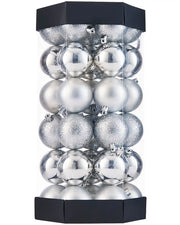 Pack of silver Matt, Gloss and Glitter Christmas Baubles in a black and clear container on a white background