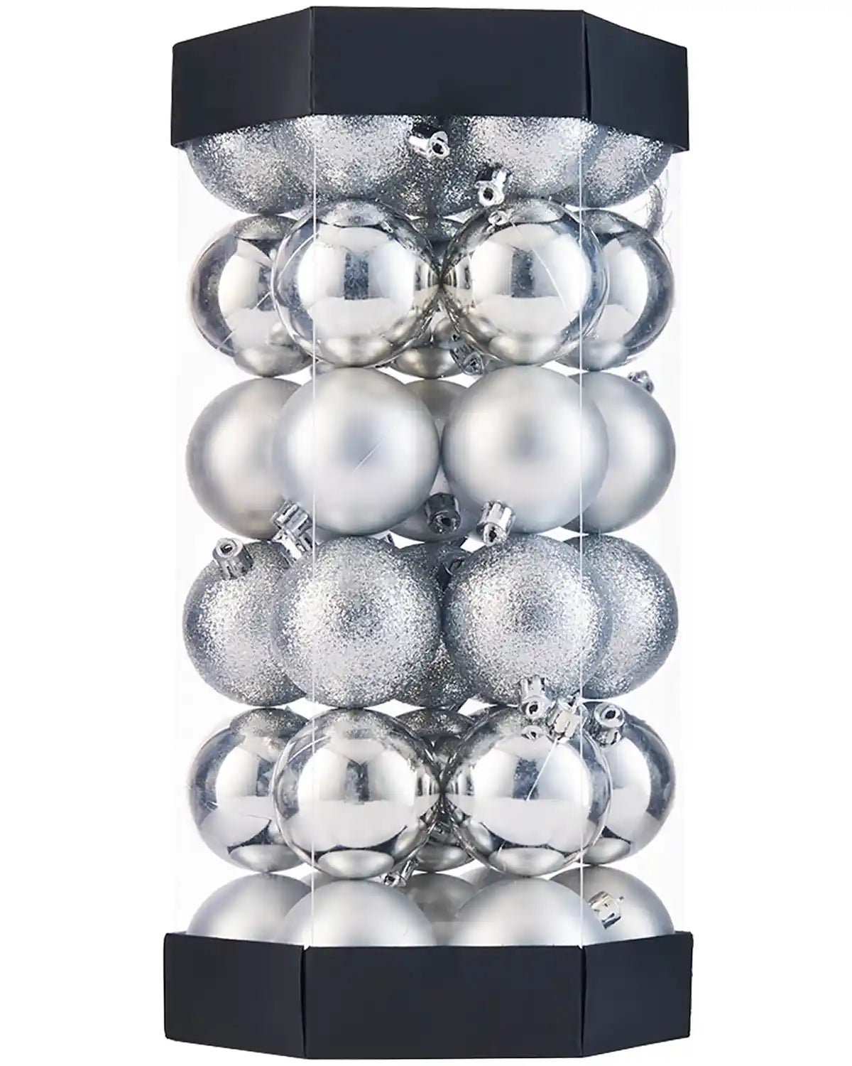 Pack of silver Matt, Gloss and Glitter Christmas Baubles in a black and clear container on a white background