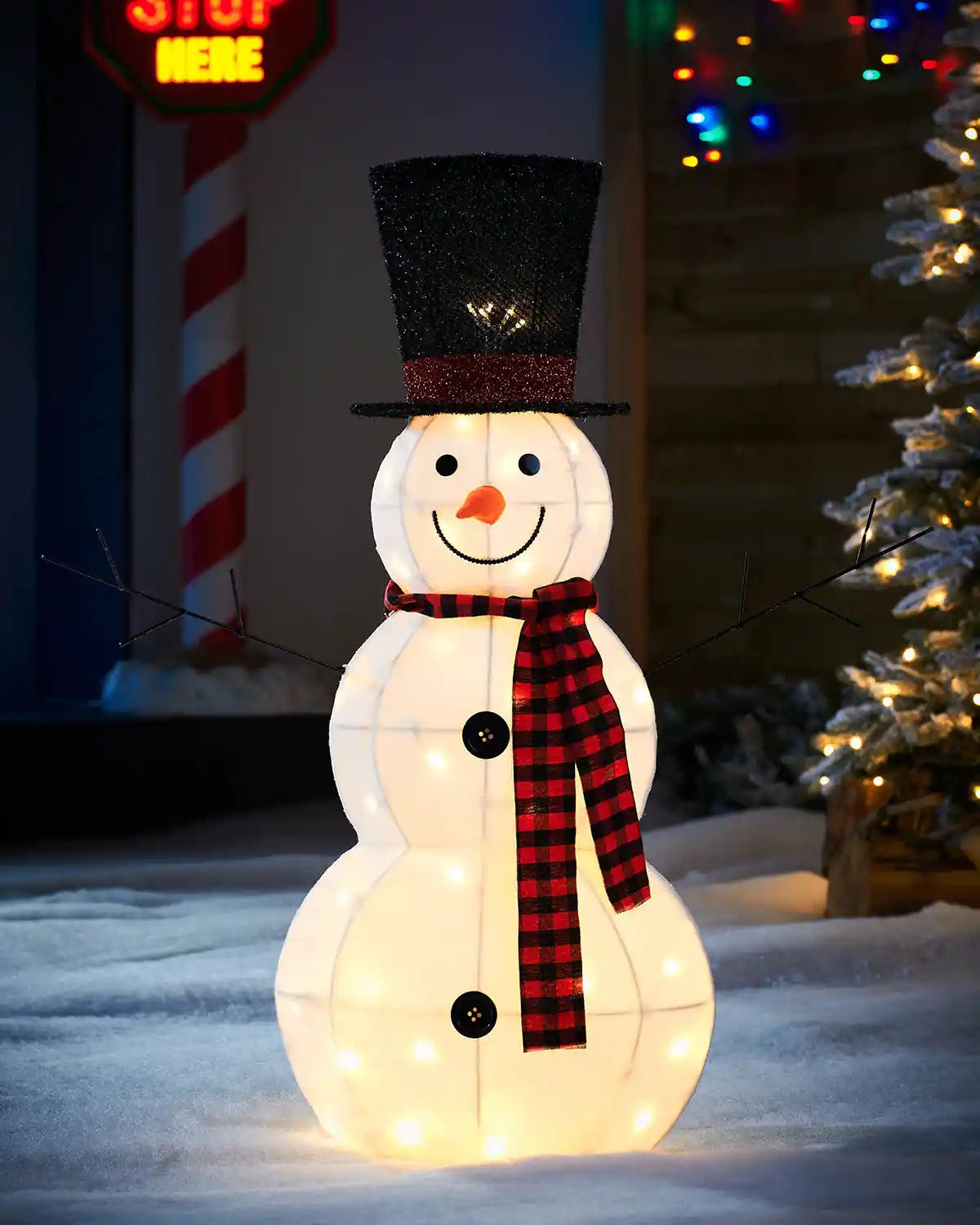 Pre-Lit 3D Snowman, Silhouette, 95 cm in a snowy garden with Christmas tree and lights