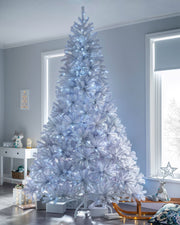 Pre-lit Deluxe White Pine Christmas tree with 350 ice white LED lights, 8 lighting functions, and 1291 mixed PE and PVC tips—featuring a full 137 cm spread for indoor or outdoor festive displays.
