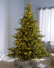 7-foot pre-lit Empress Pine Christmas tree with green pine branches, 500 warm white LED lights, natural-looking berries and pinecones, featuring 8 lighting functions, displayed indoors with presents underneath.