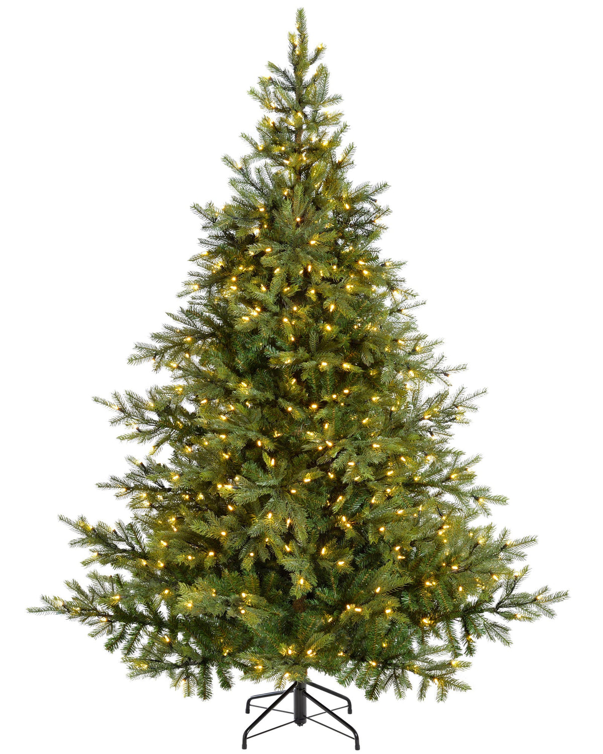7-foot pre-lit Empress Pine Christmas tree with green pine branches, 500 warm white LED lights, natural-looking berries and pinecones, featuring 8 lighting functions, displayed indoors with presents underneath.
