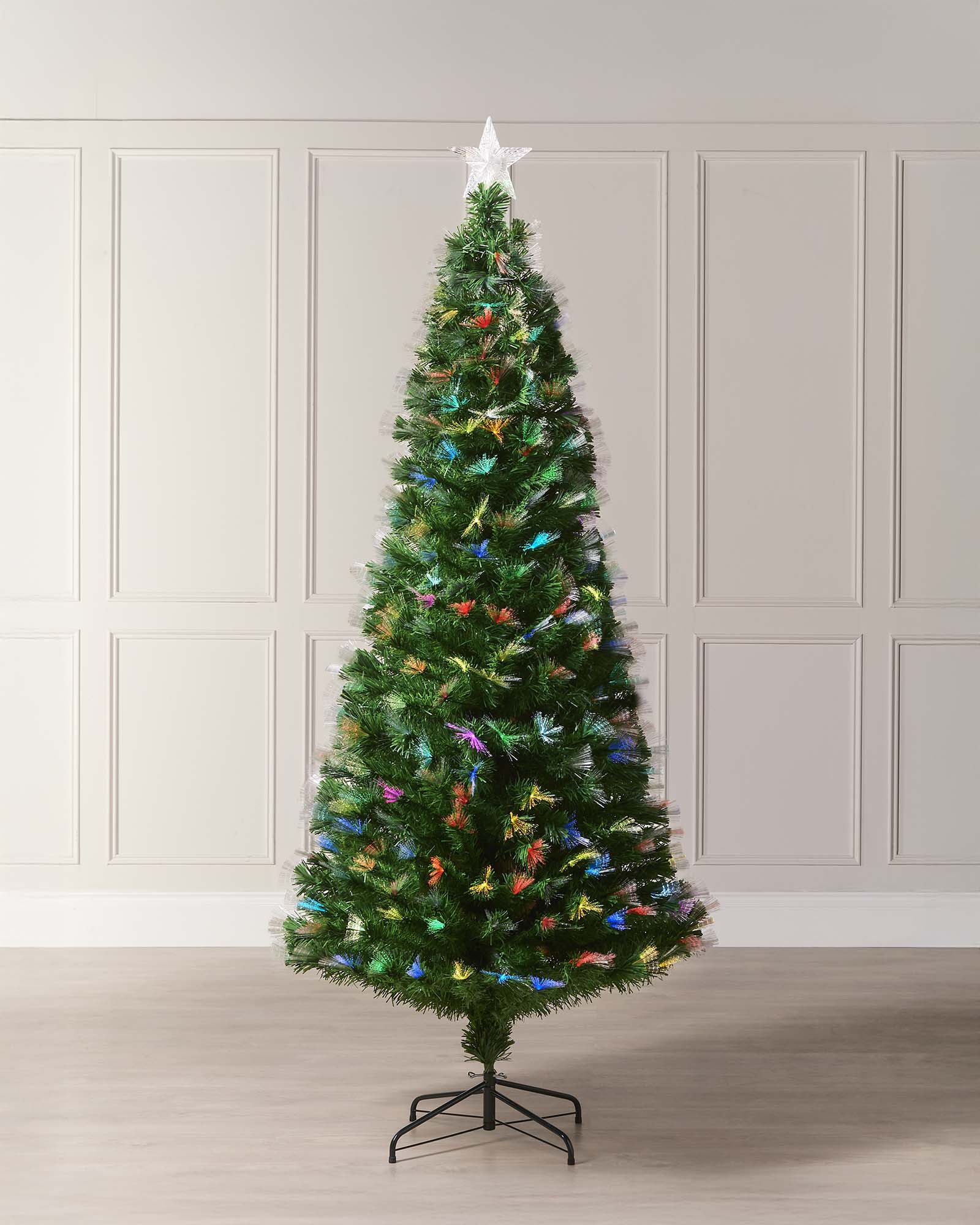 A pre-lit fiber optic Christmas tree with a tree topper, standing upright against a plain background.