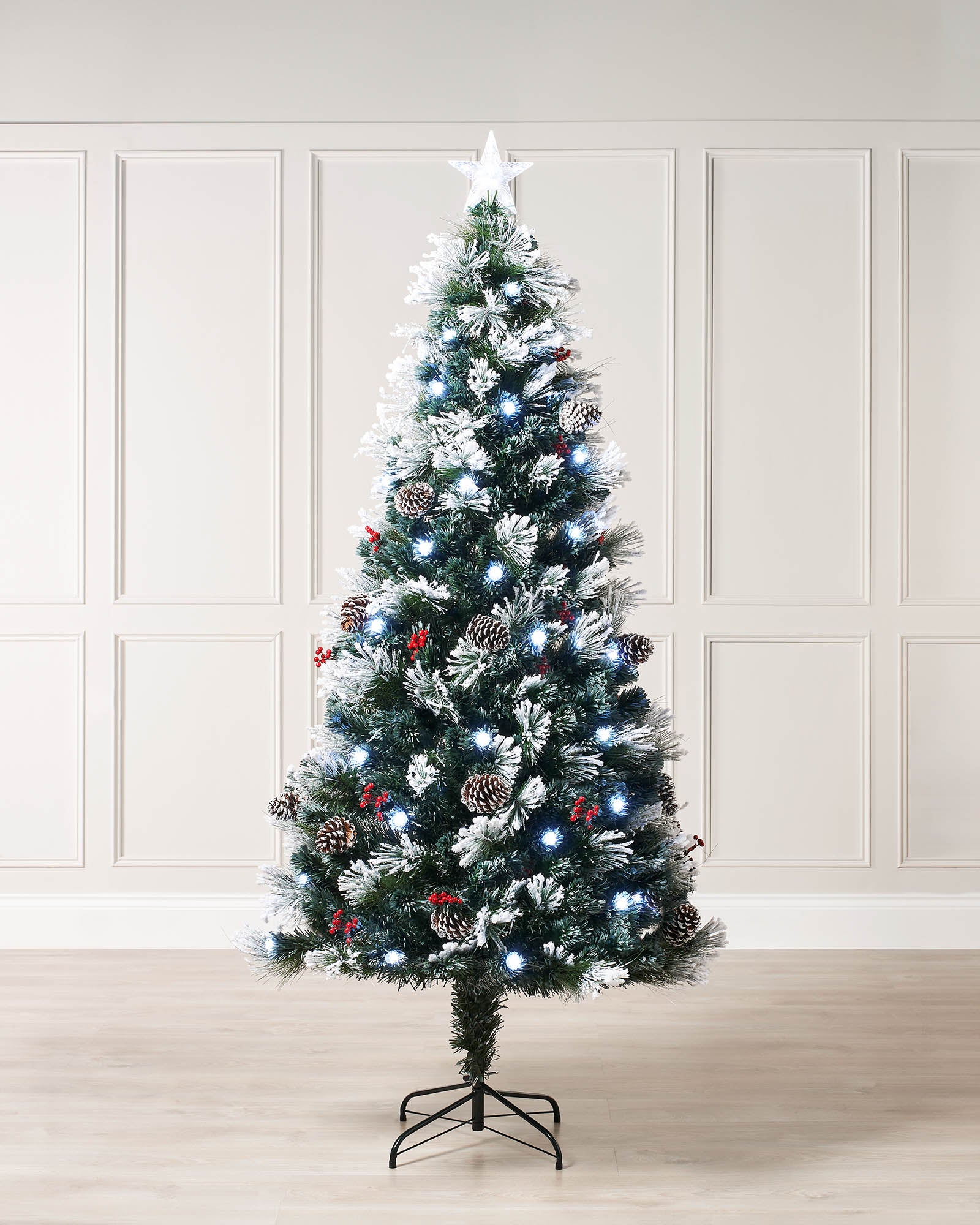 6-foot pre-lit frosted Christmas tree with 220 bright white fibre optic tips, additional white LEDs, natural pinecones and berries, and an LED star topper, displayed against a neutral background.