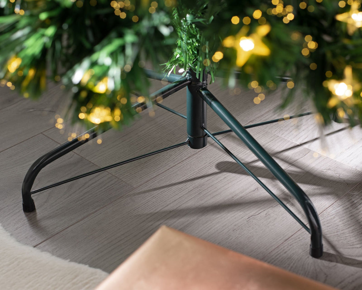 7-foot pre-lit fibre optic pencil Christmas tree with 290 fibre optic tips, 294 warm white LEDs, and an LED star topper, featuring a slim 70 cm diameter and displayed indoors.