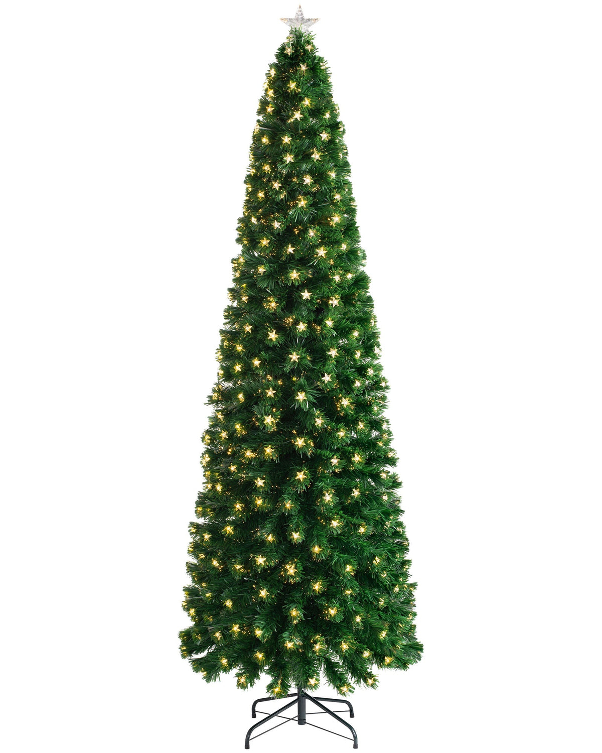 7-foot pre-lit fibre optic pencil Christmas tree with 290 fibre optic tips, 294 warm white LEDs, and an LED star topper, featuring a slim 70 cm diameter and displayed indoors.