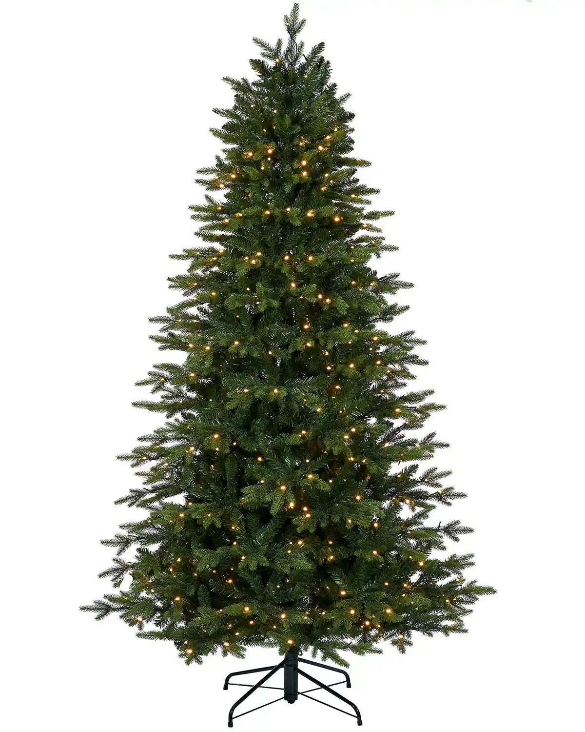 Pre-Lit Himalayan Fir Christmas Tree, 7ft with lights and a black Tree stand on a white background
