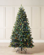 Pre-lit mixed pine artificial Christmas tree with dual LED lights in warm white and multicolour, displayed against a plain background."