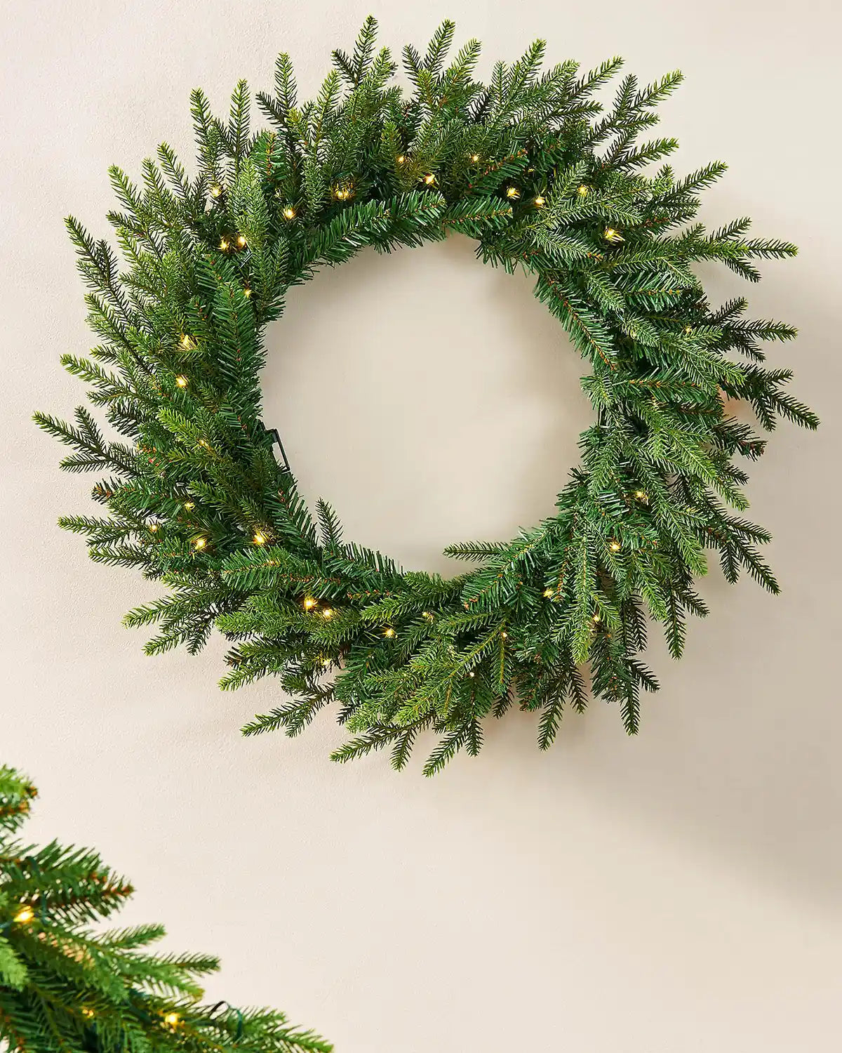 Pre-Lit Multi-Function Douglas Fir Wreath, 60 cm on a cream wall
