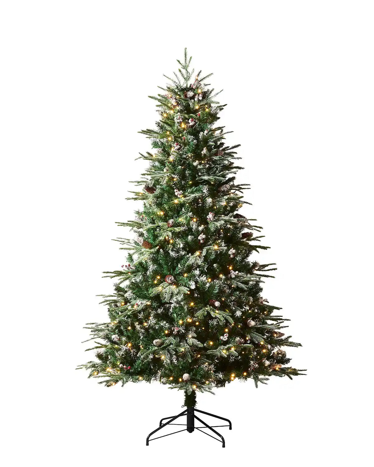 Pre-Lit Snow Flocked Norwegian Spruce Christmas Tree with Pine cones and Red berries, 6 ft on a white background 

