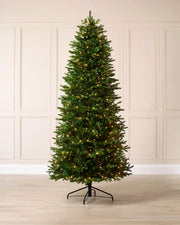 Pre-Lit Woodland Pine Christmas Tree, 6.5ft, fully assembled with warm white lights and a cream paneled background