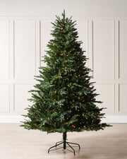5 ft pre-lit Grand Alaskan Fir Christmas tree with mixed PE and PVC branches, featuring dual warm white and multi-colour LED lights with multi-functional settings, displayed against a neutral background.