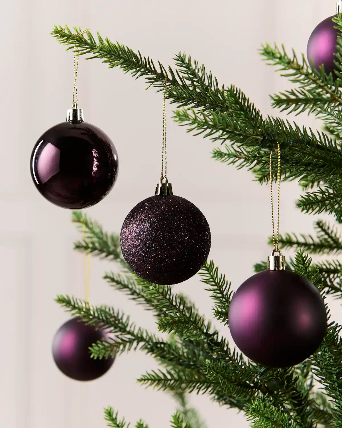 Purple Christmas tree baubles hanging on green pine branches against a light neutral background.