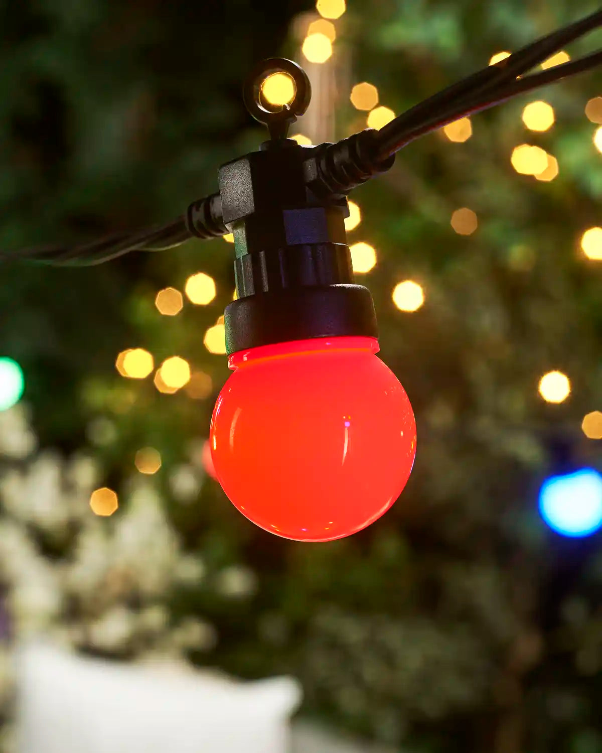 Red Festoon bulb with black cable and a blurry garden background