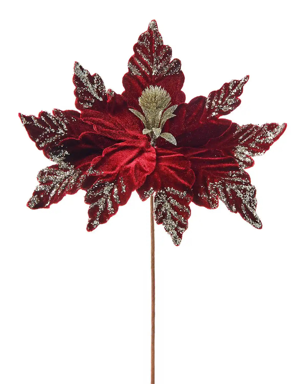 Red and Gold Poinsettia flower pick for Christmas tree on a white background
