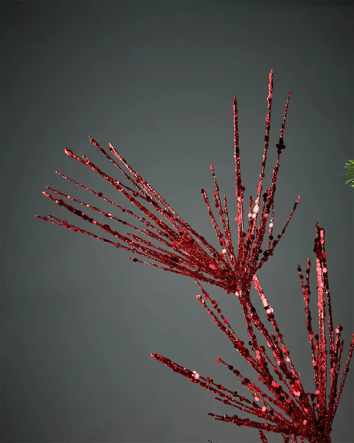 Close-up of red glitter firework spray in front of grey background