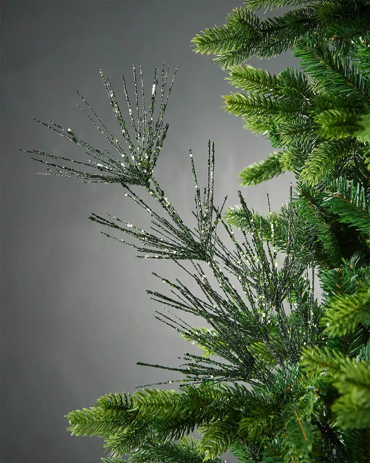 Sage green glitter firework spray on tree in front of grey background
