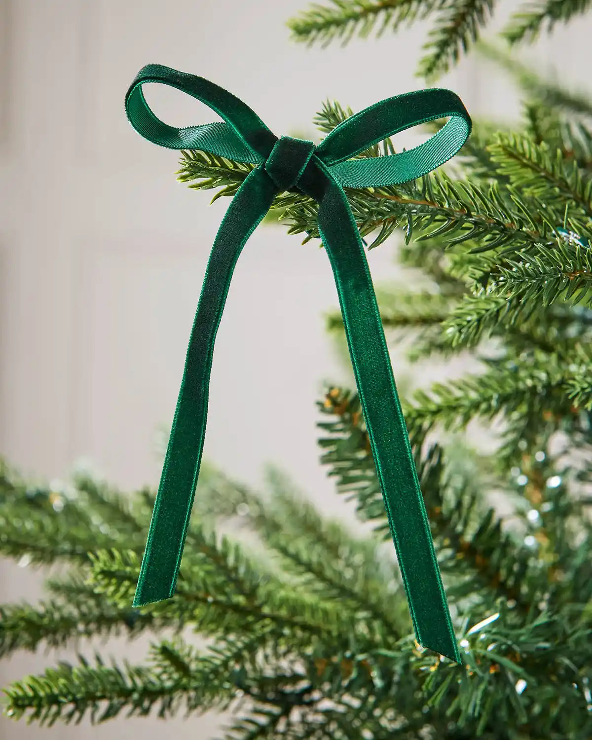 Single sage green velvet bow on Christmas tree branch in front of white background