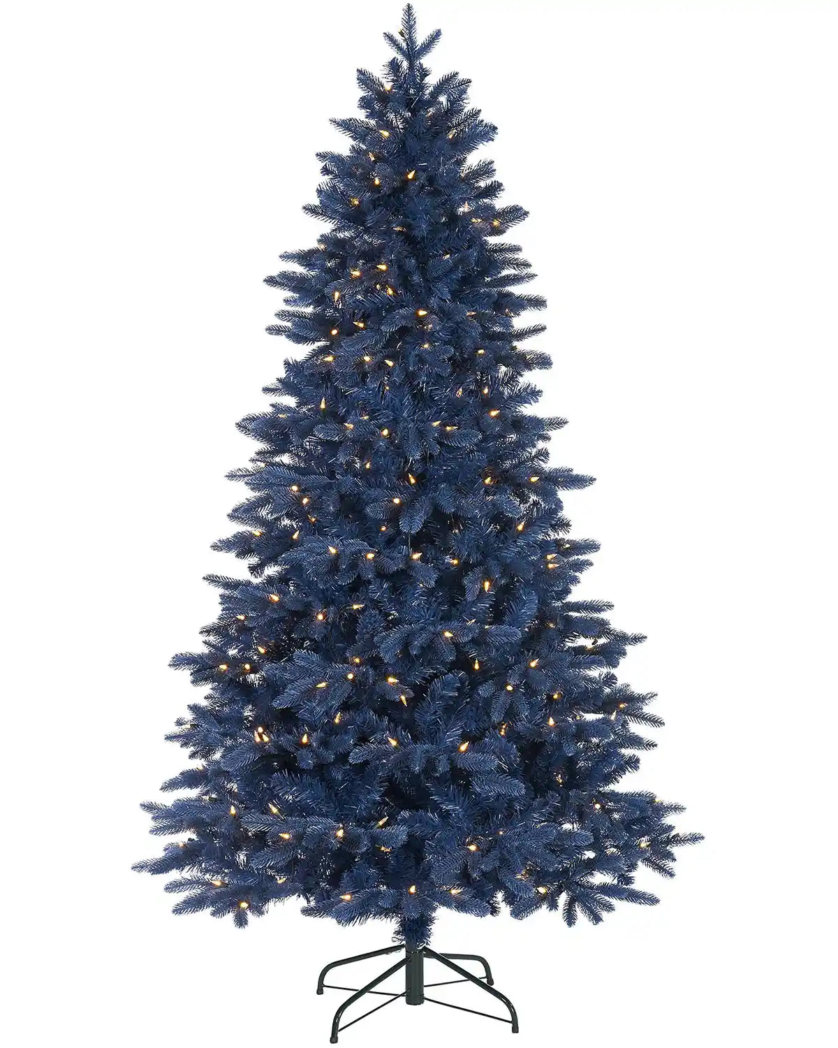 Sapphire Blue artificial Christmas tree with lights on a white background