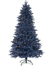 Sapphire Blue artificial Christmas tree with lights on a white background