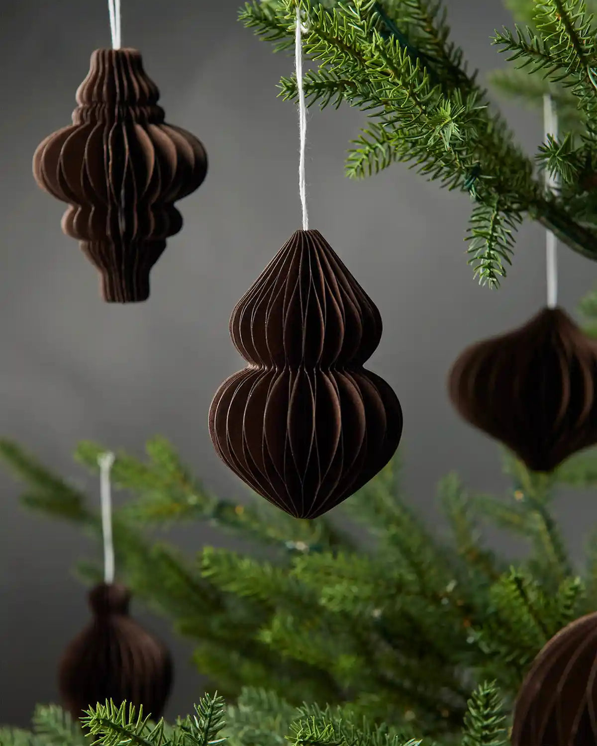 Image of 10cm espresso honeycomb paper tree decorations scattered on Christmas tree in front of grey wall background