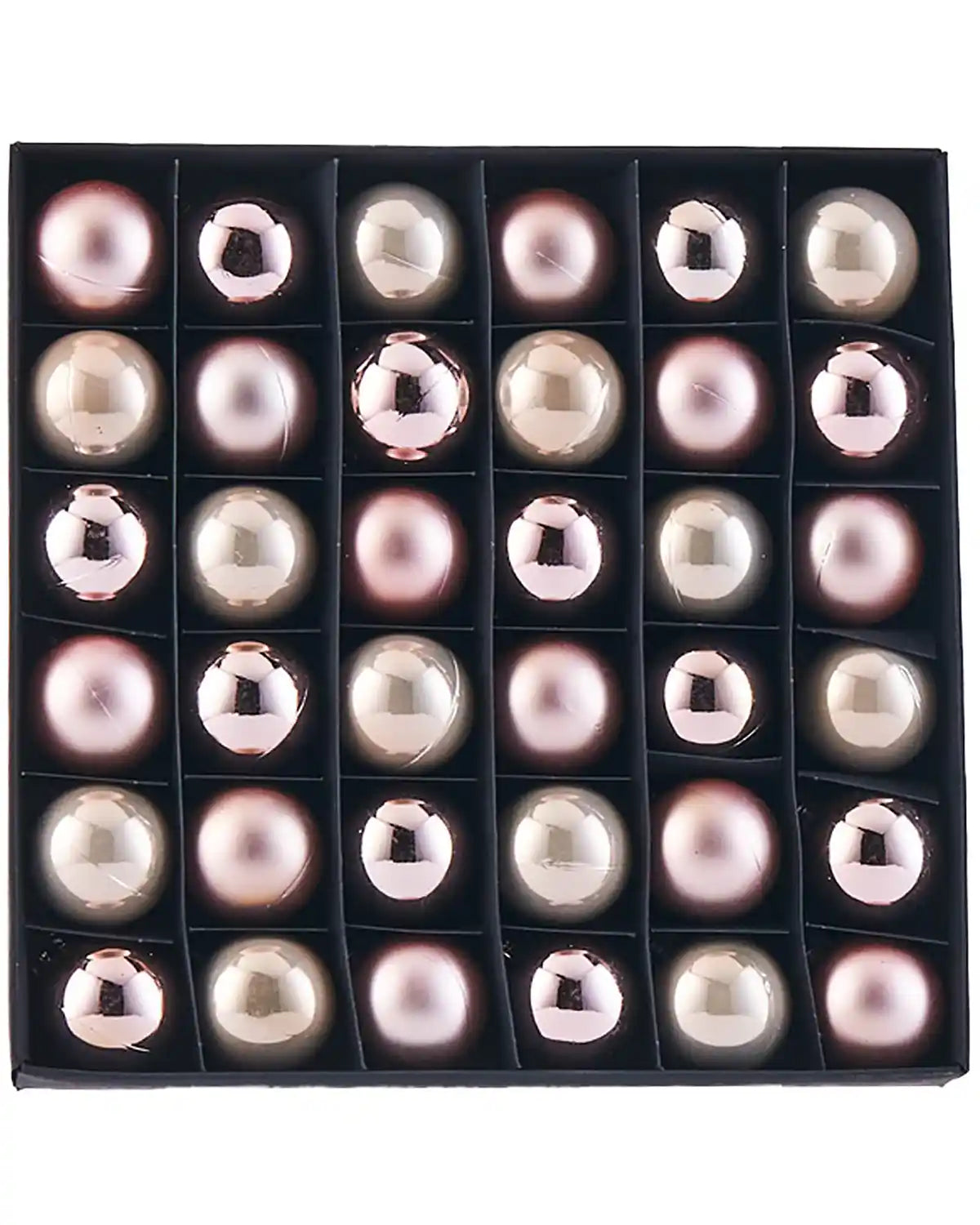 Set of 36 matt, gloss and pearl finish Pink baubles in a black box on a white background
