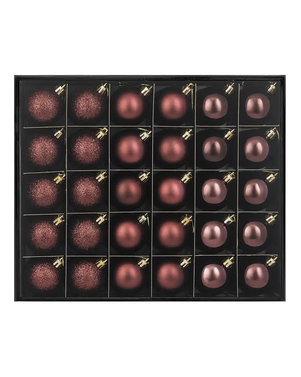 Set of 50 small burgundy baubles in a black box against a white background