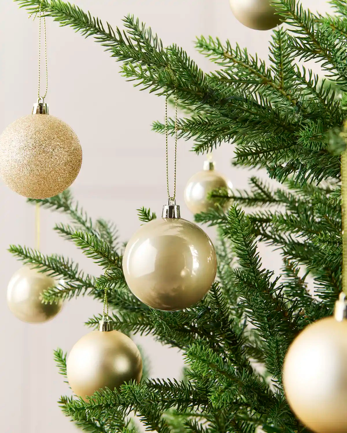 Seven Latte Christmas tree ornaments hanging from green pine branches against a soft light background.
