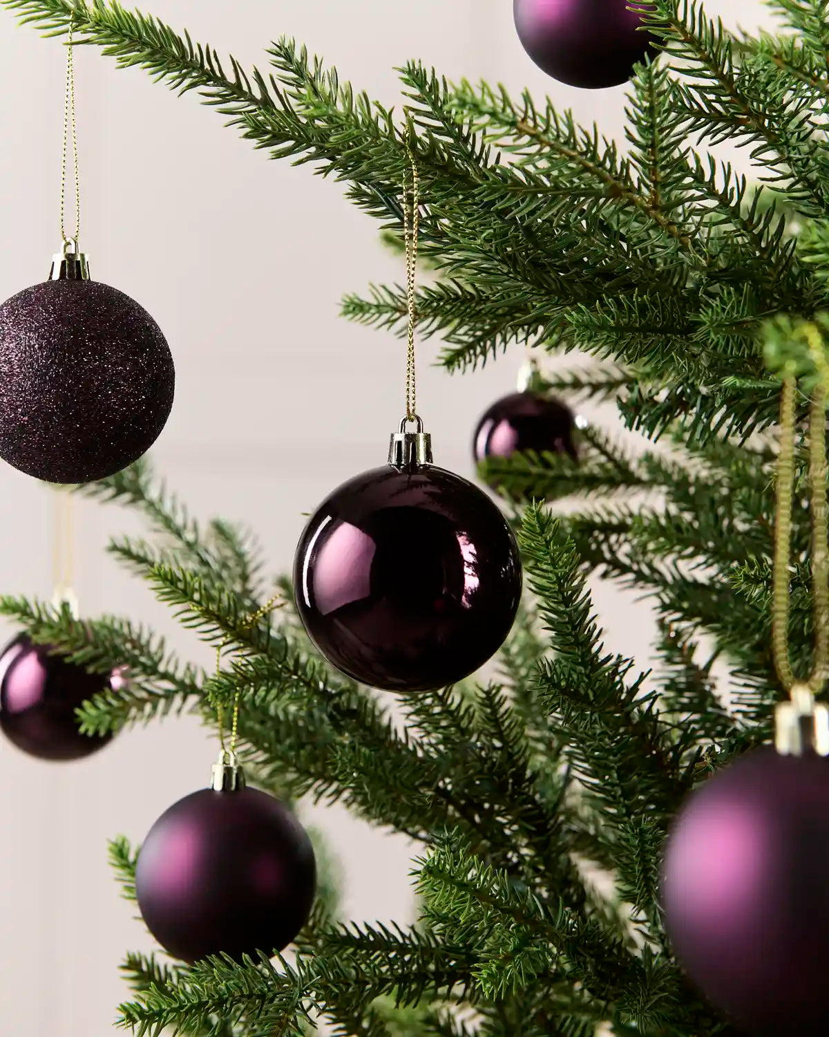 Seven Purple baubles on a Gold string hanging off a Christmas Tree against a cream background