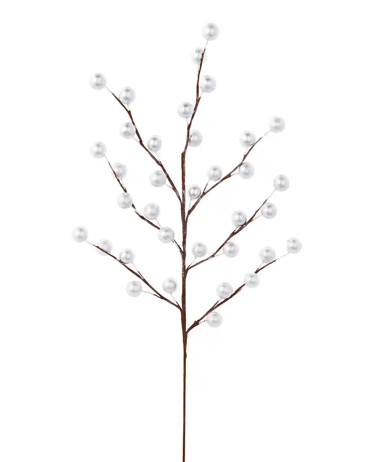Shiny silver berry Christmas tree spray with wood like stem on a white background