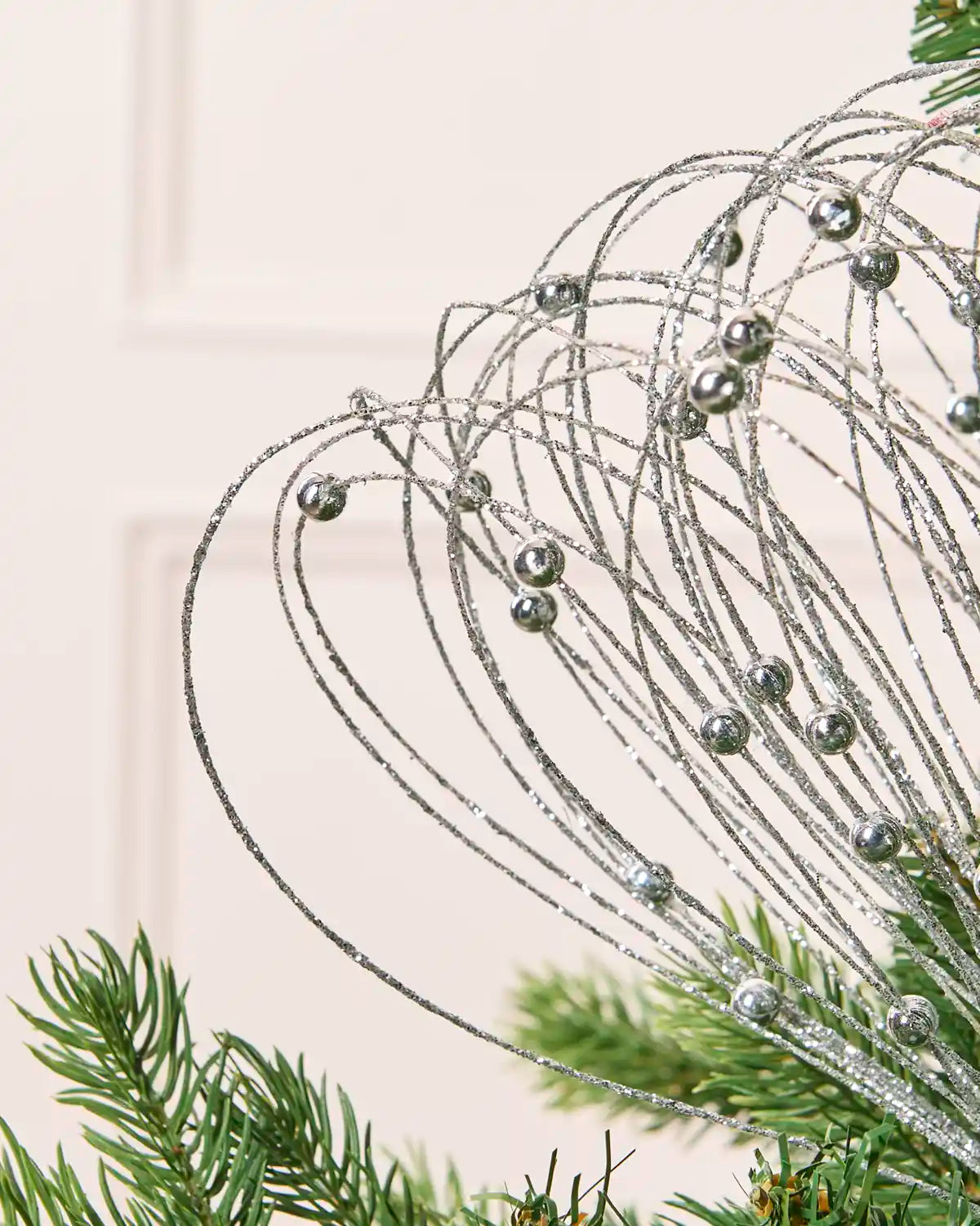 Silver Glitter Nest Christmas Tree Pick showing the glitter details and Silver balls