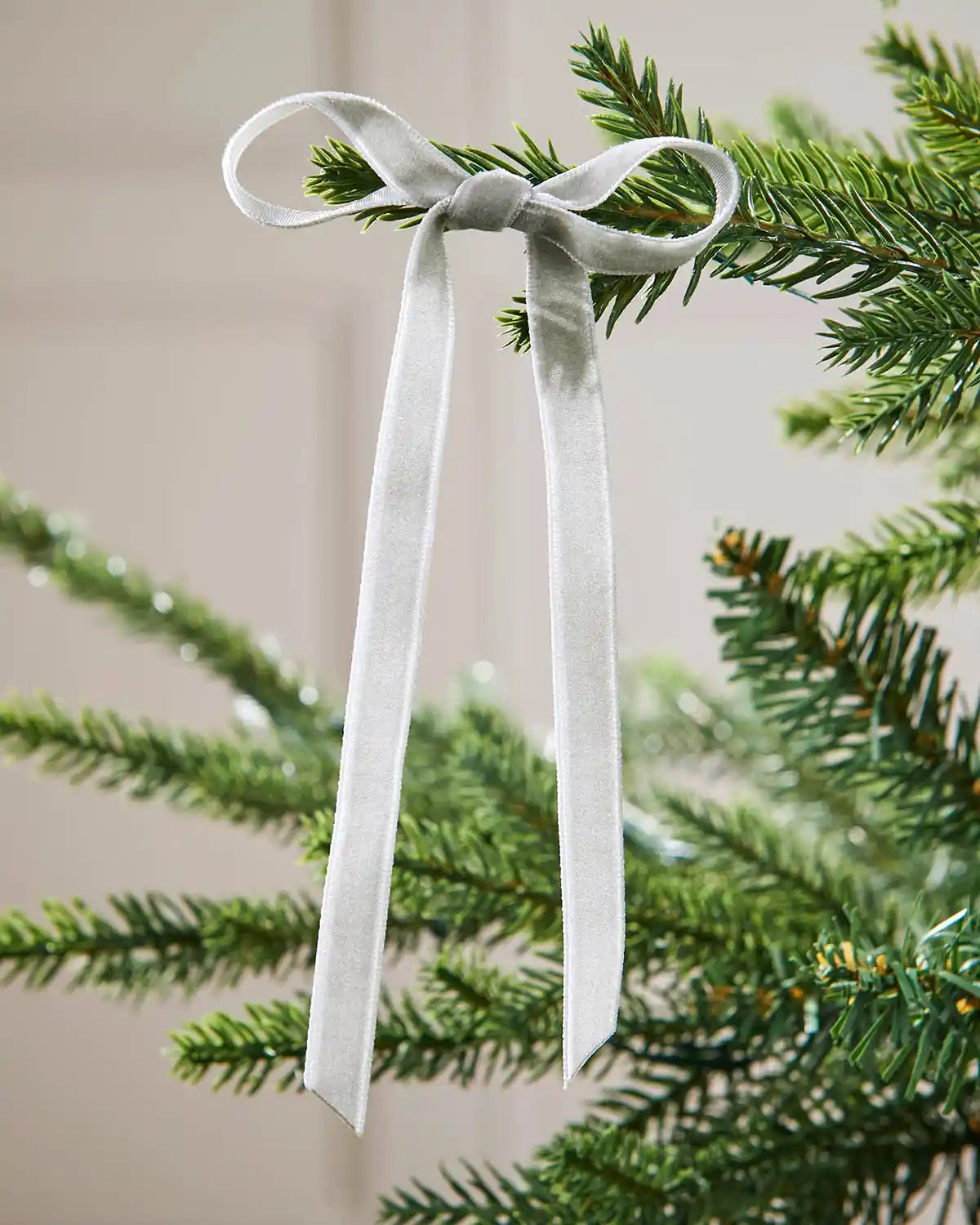 A single silver velvet bow hanging on the edge of a Christmas tree branch in front of a white background