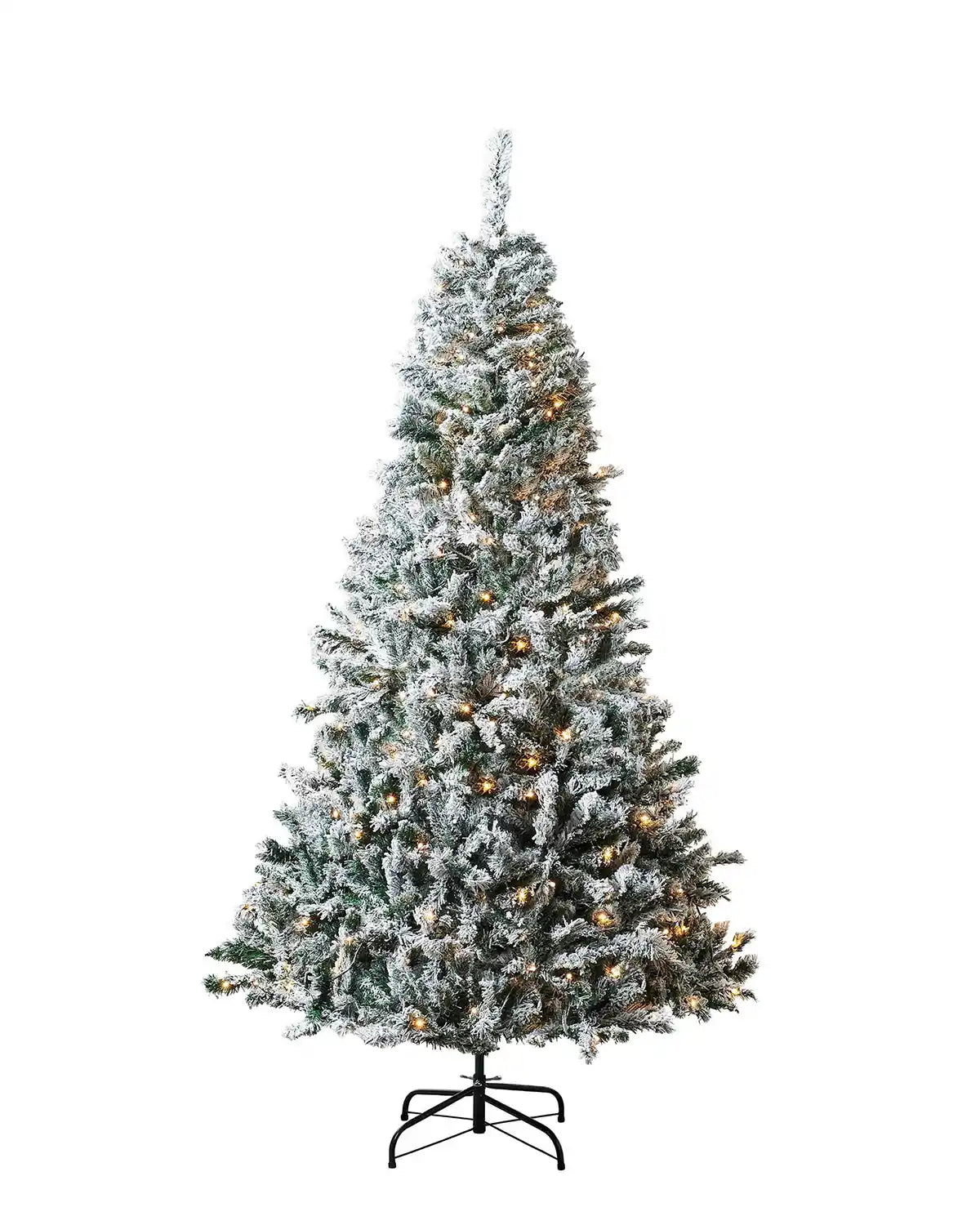 Snow Flocked Mixed Pine Christmas Tree, 7ft with warm white lights on a White background
