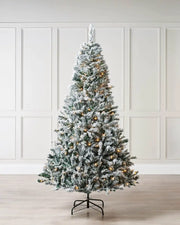 Snow Flocked Mixed Pine Christmas Tree, 8ft with warm white lights against a cream panel wall