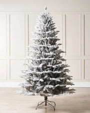 Snow flocked Christmas tree on a cream panel wall