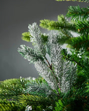 Snow flocked pine pick on a Christmas tree branch against a grey background