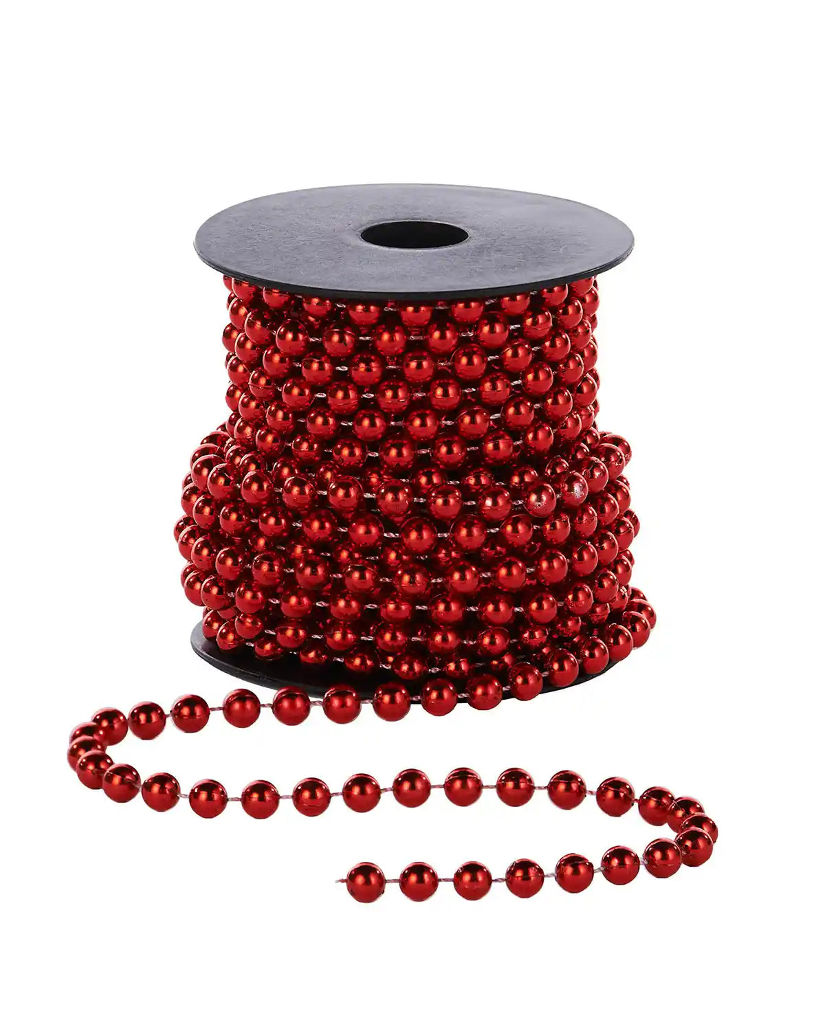 Spool of red garland beads on a white background