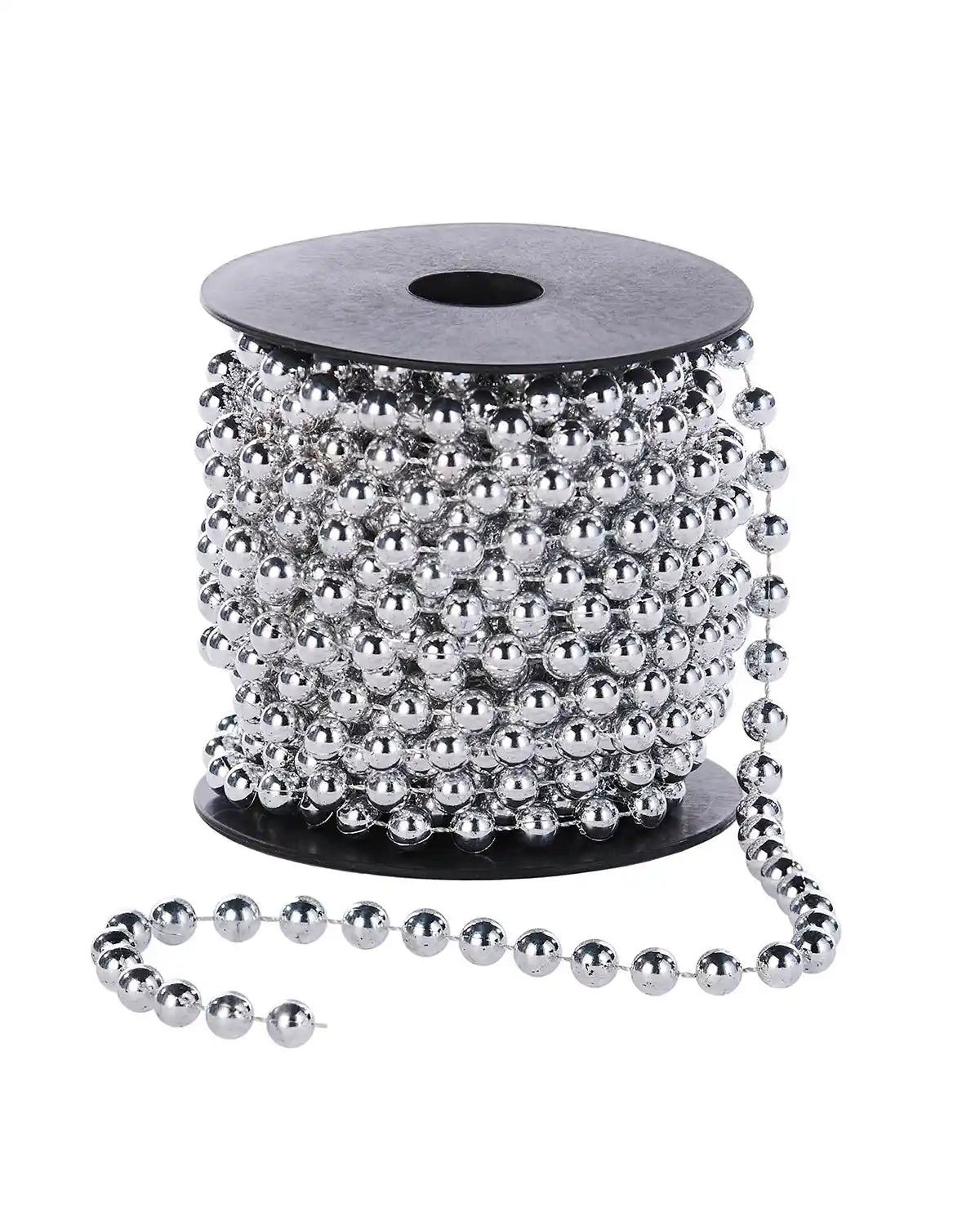 Spool of silver beaded garland on a white background