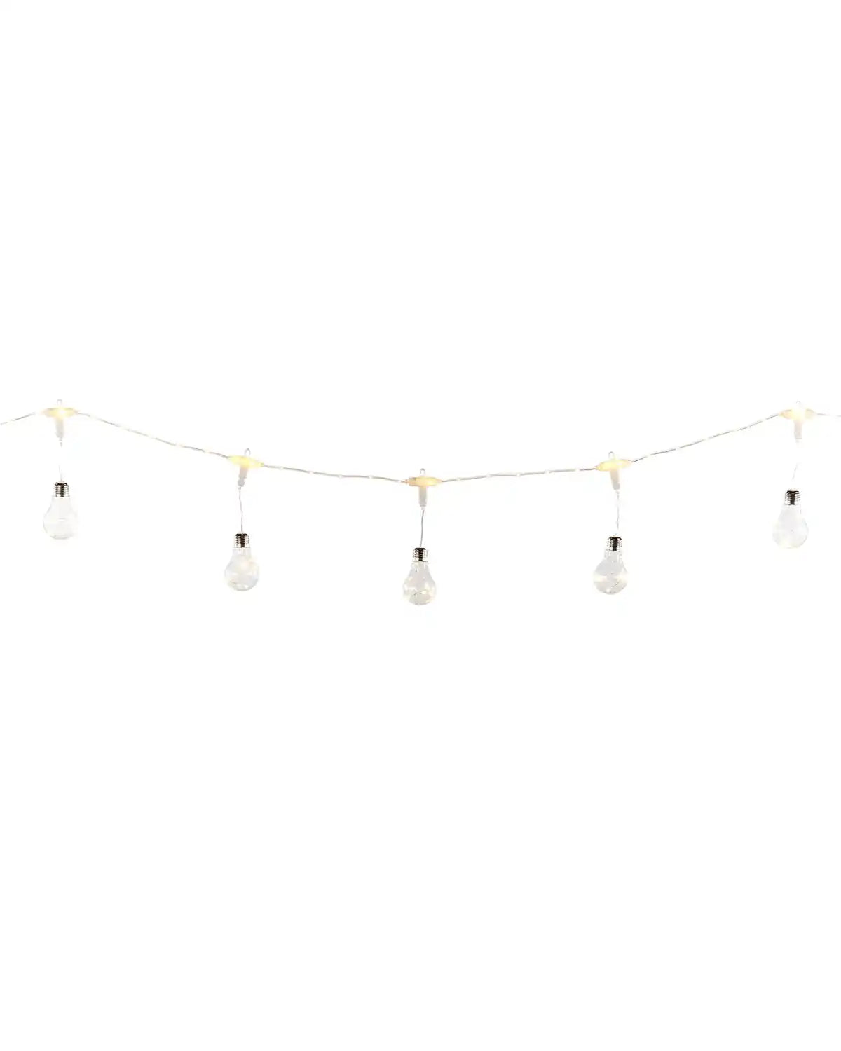 String of 5 warm white light bulbs on a white background