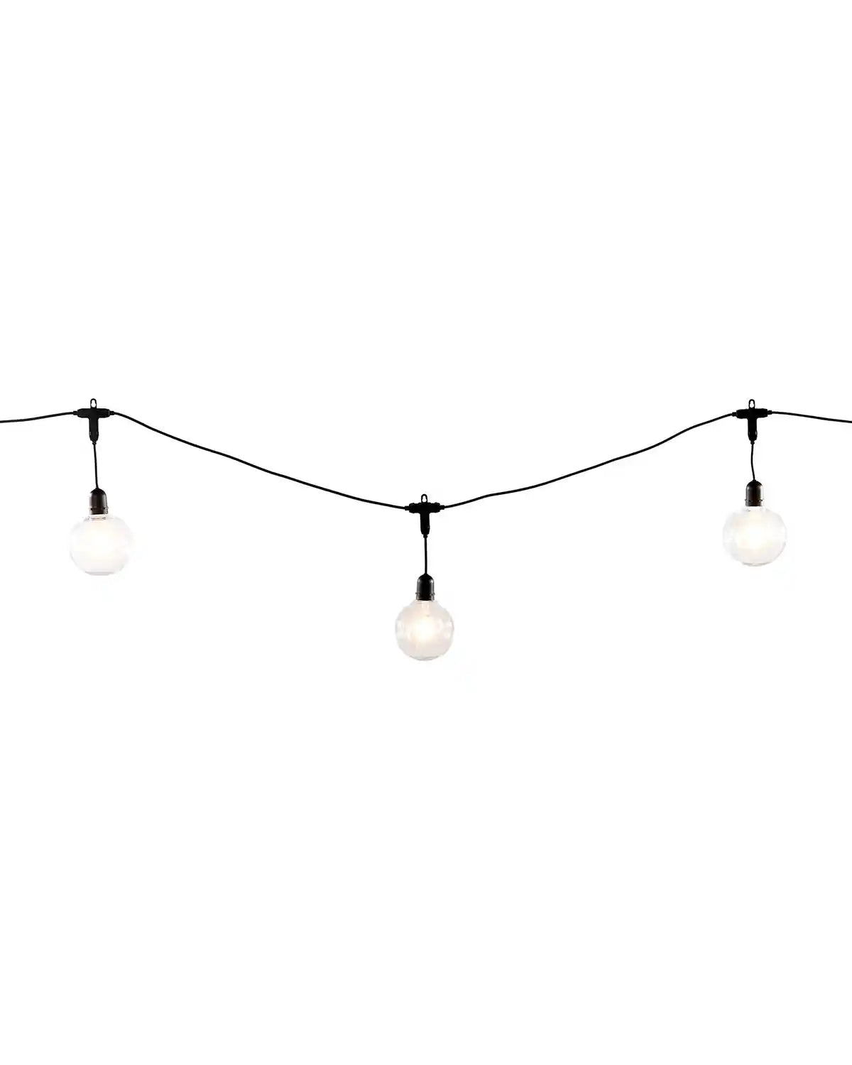 String of outdoor lights with three illuminated bulbs on a white background